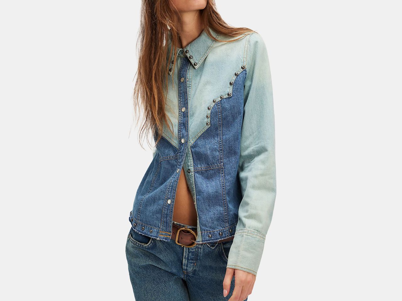 model wearing two toned blue jean shirt