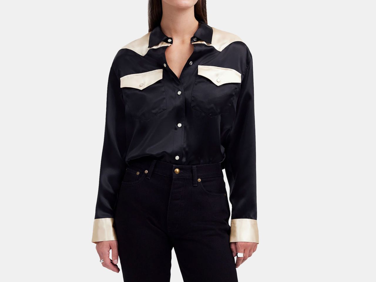 model in black and white silk western style shirt