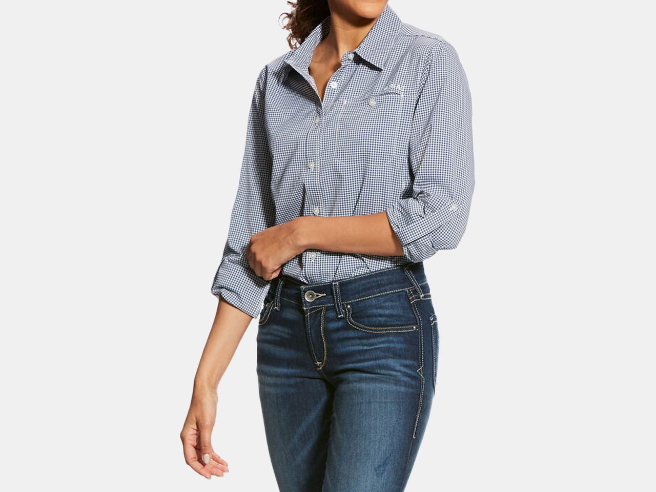 model wearing blue patterned shirt