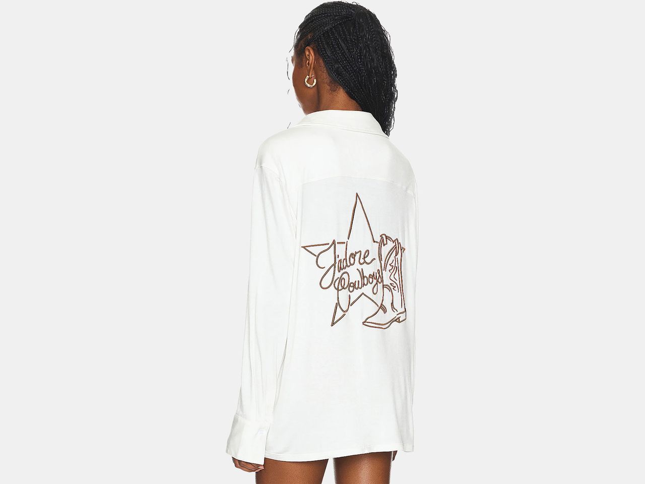 model wearing white night shirt with graphics