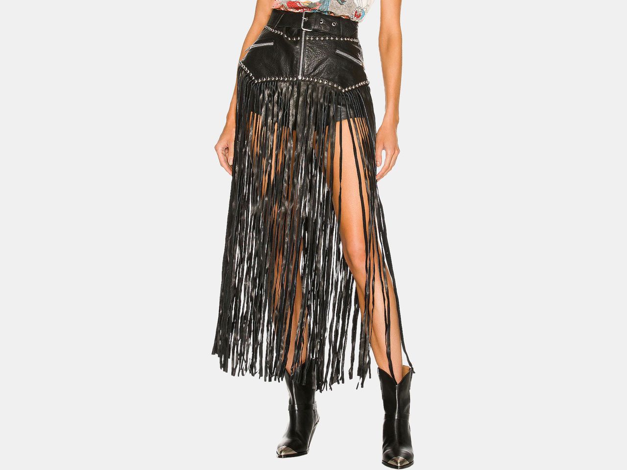 model wearing black stringy leather maxi skirt
