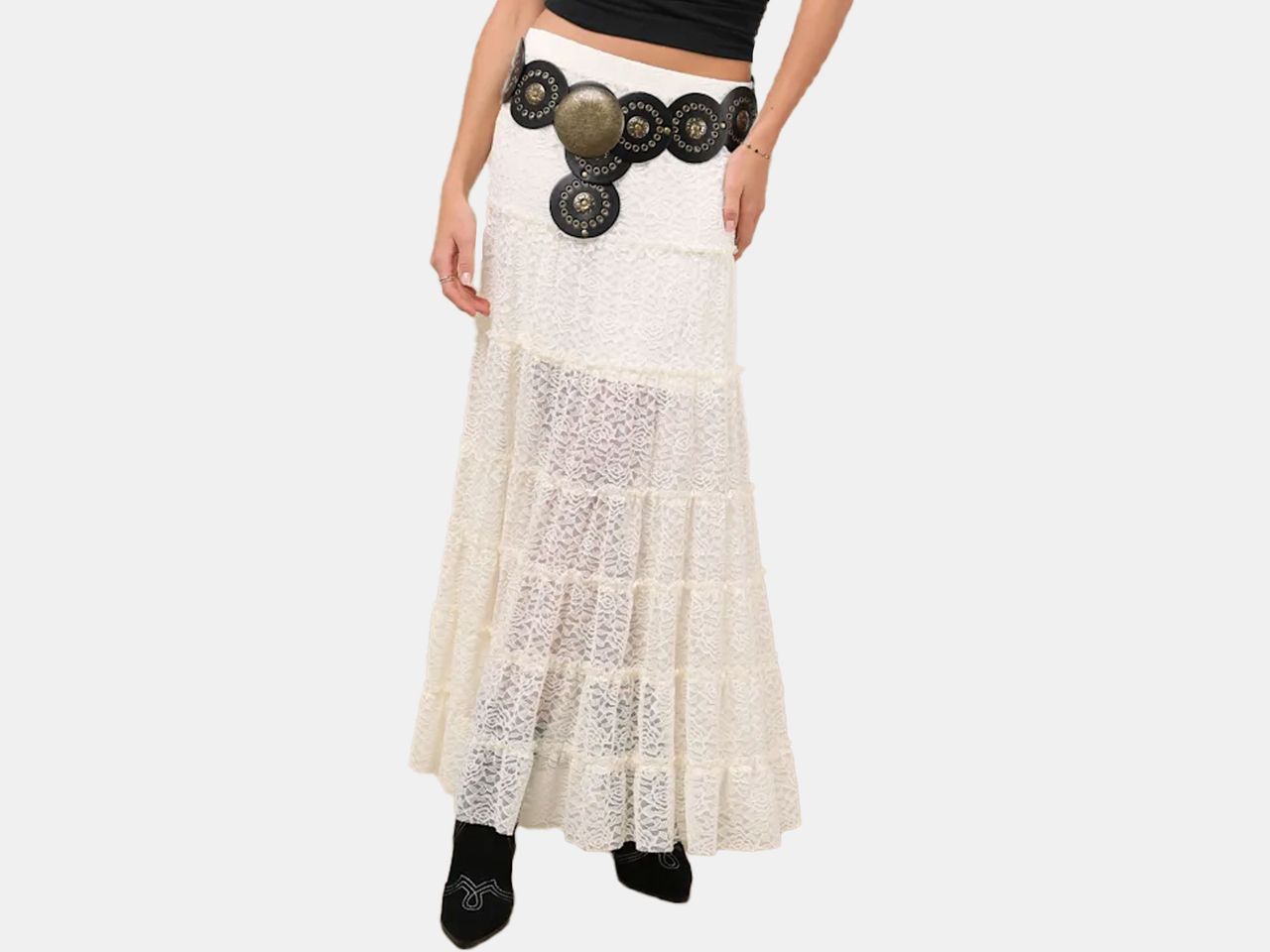 model wearing white lace maxi skirt