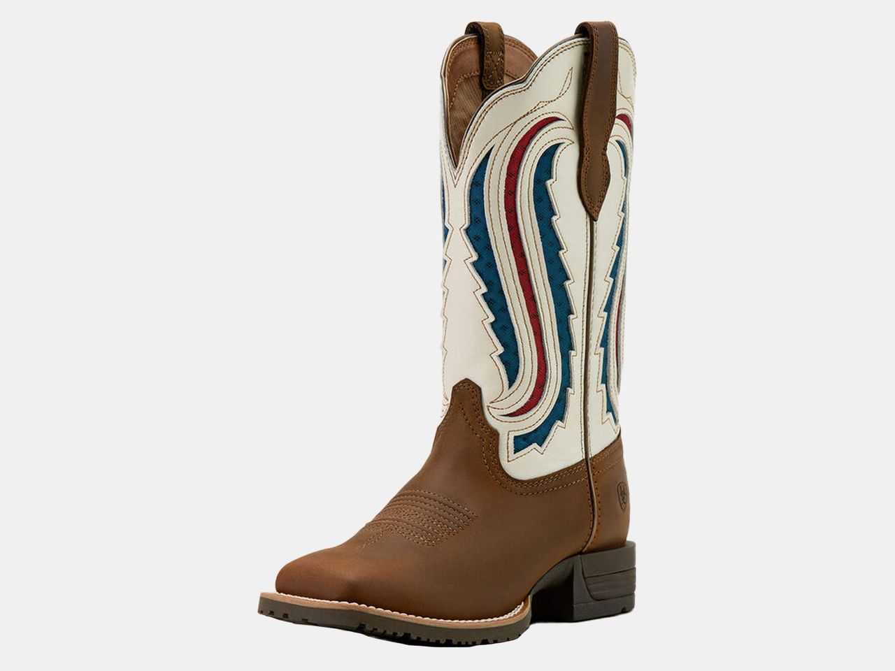 brown and white boot with red and blue accents