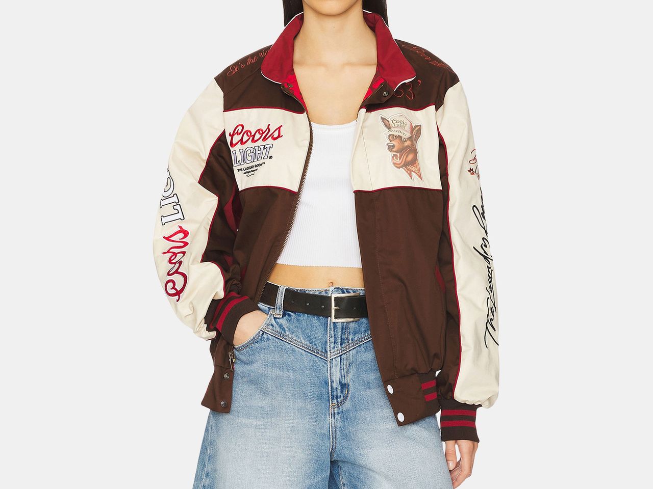 model wearing western graphic jacket