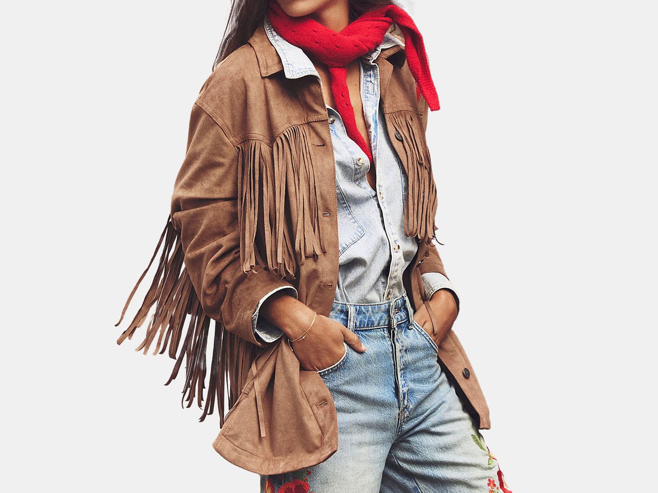 model in brown western jacket with strings