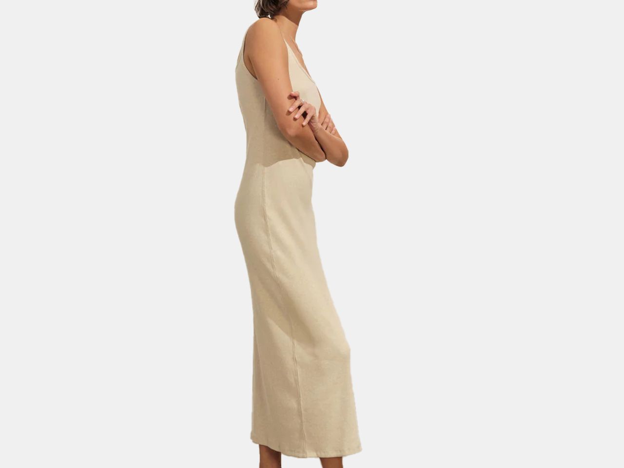 model in ecru dress