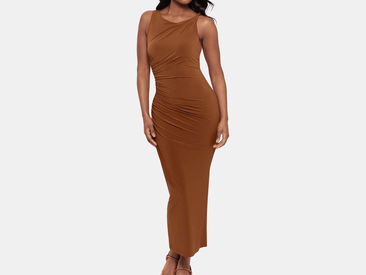 model in long brown dress