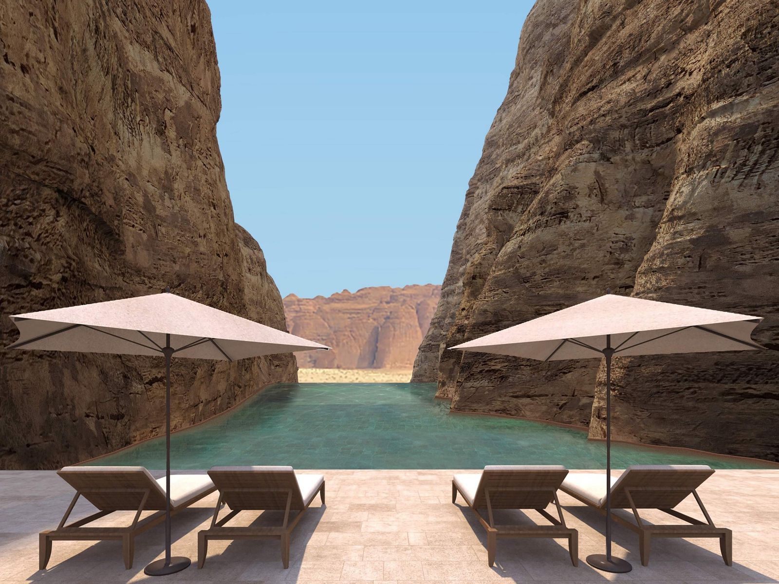 Image may contain Chair Furniture Mountain Nature Outdoors Valley Water Scenery and Pool