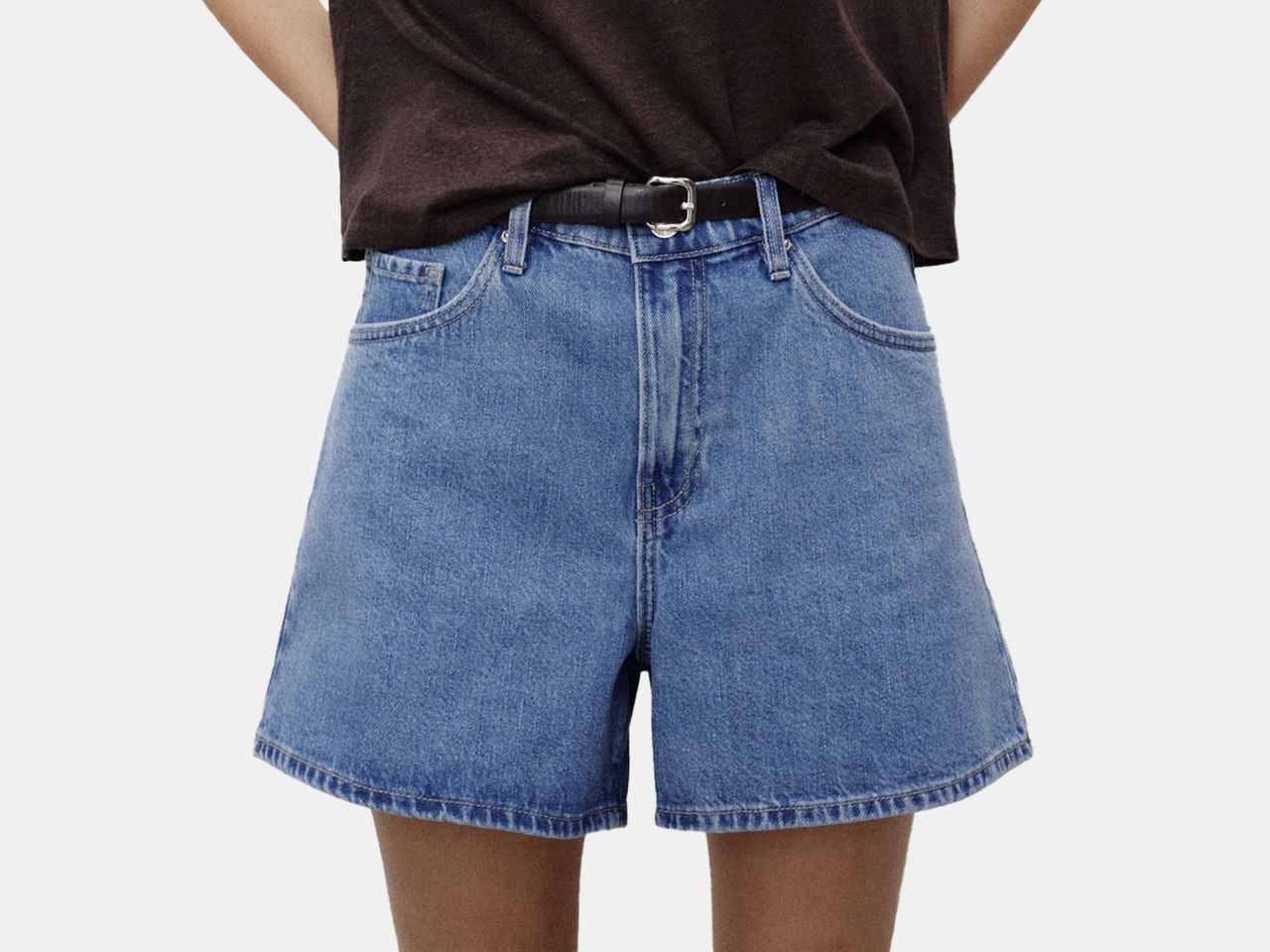 model in blue jean shorts