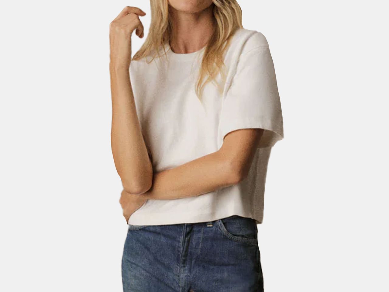 Model in white t-shirt