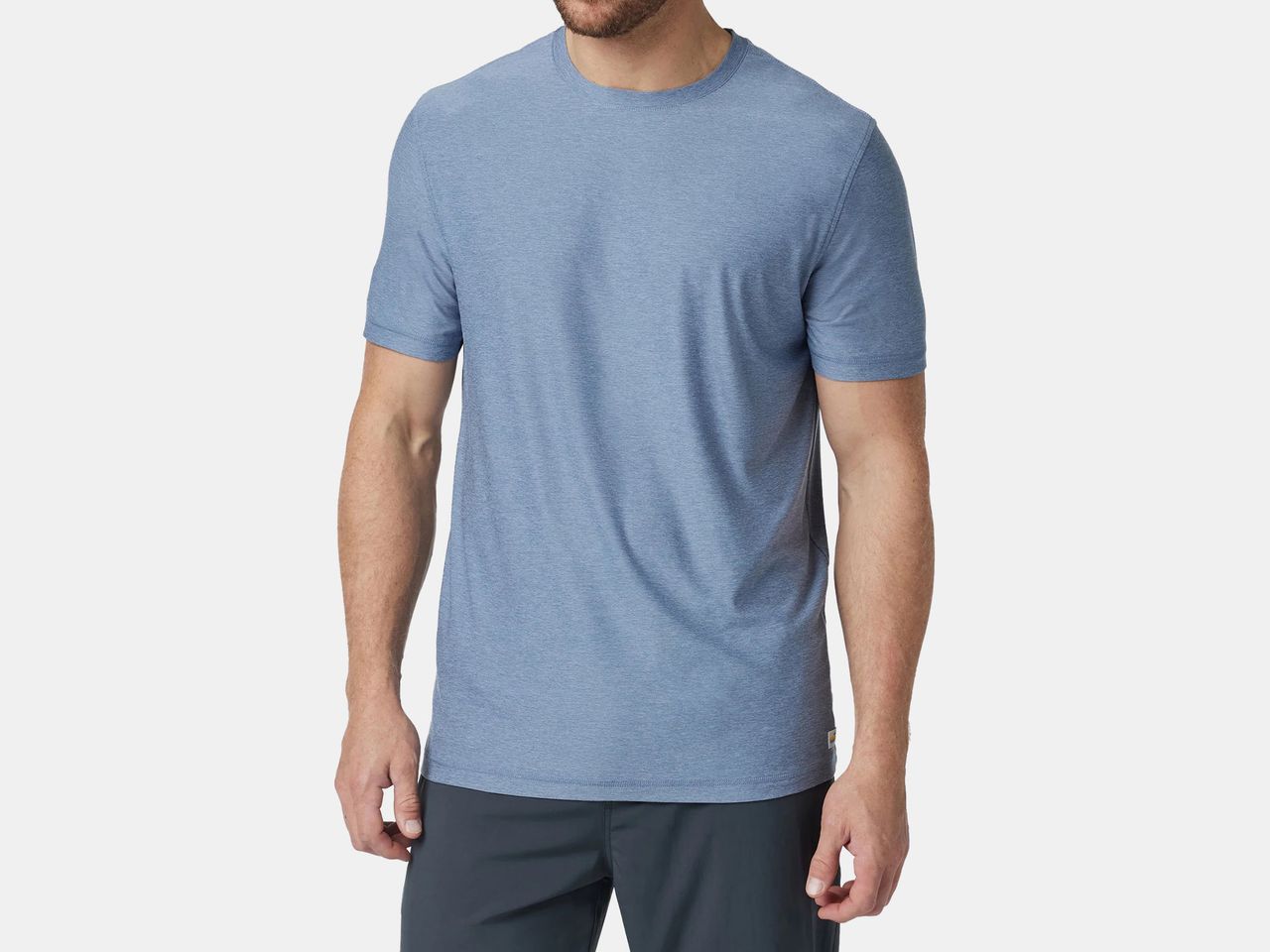 model in blue t shirt