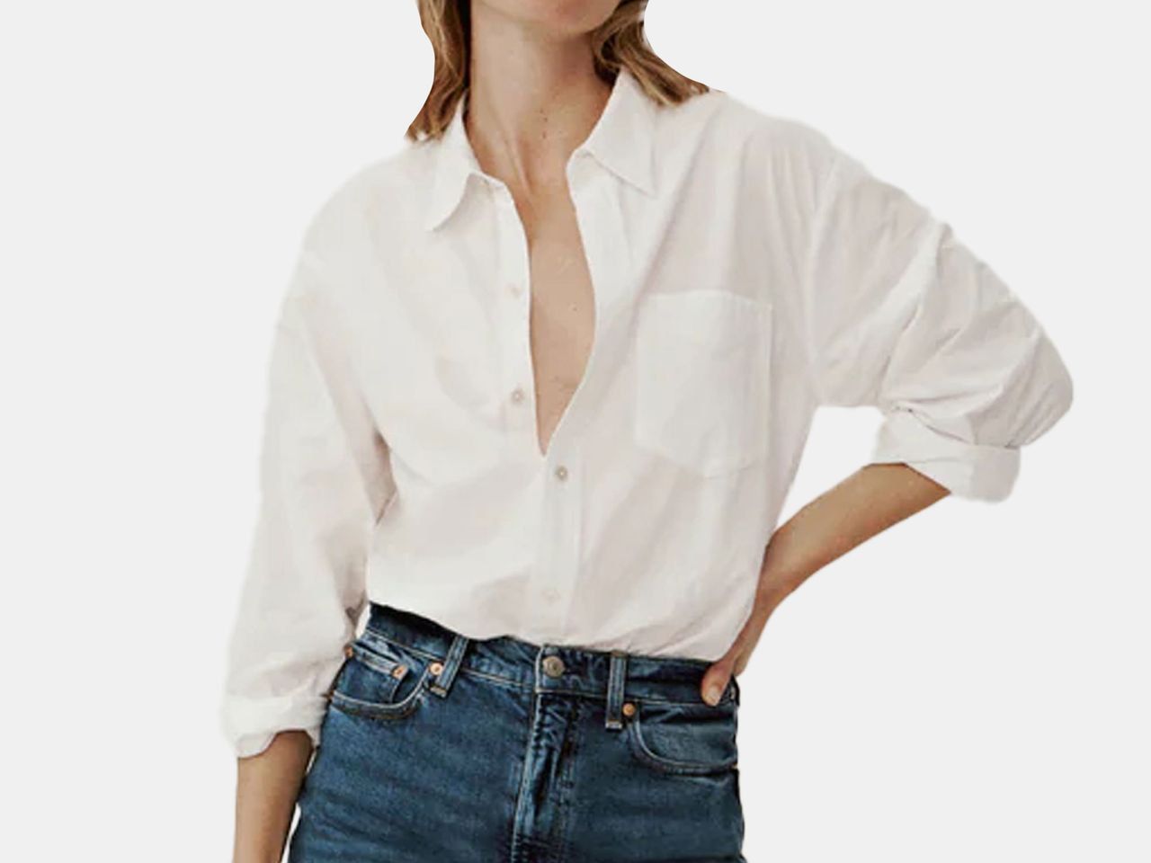 model in white button up shirt