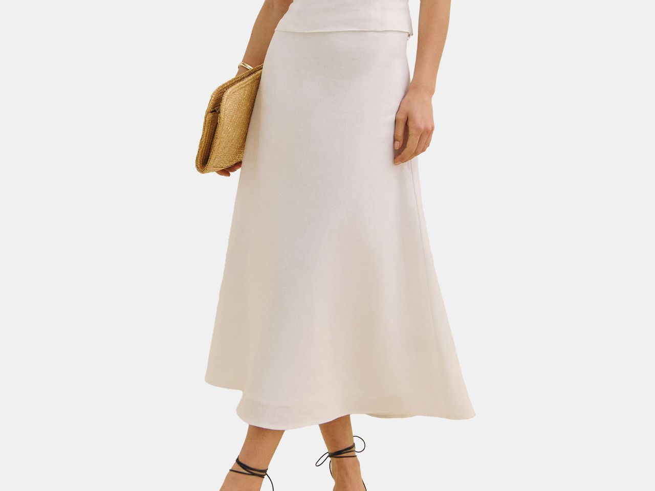 model in white linen skirt