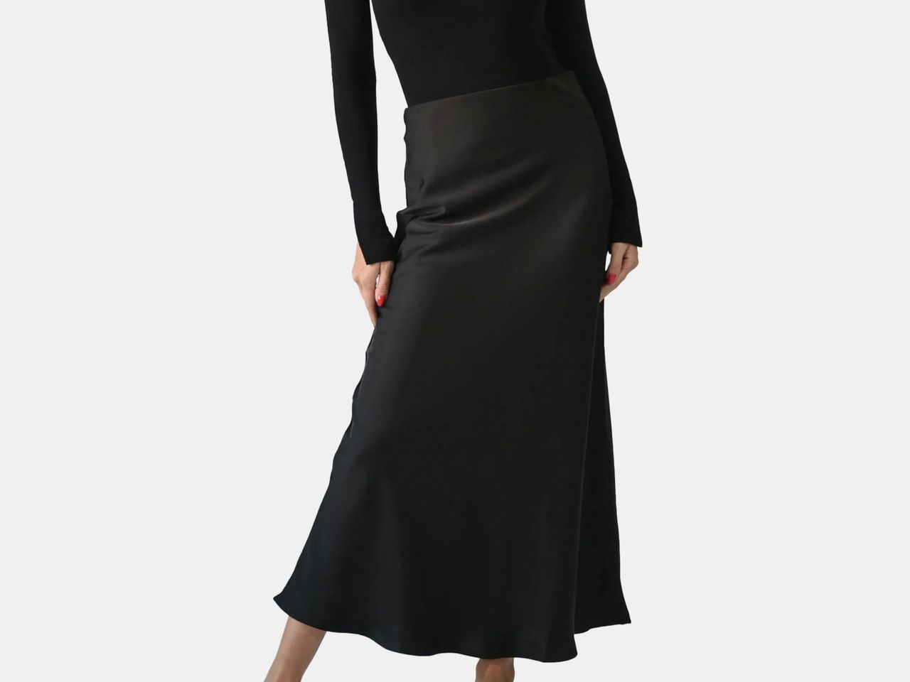 model in black satin skirt