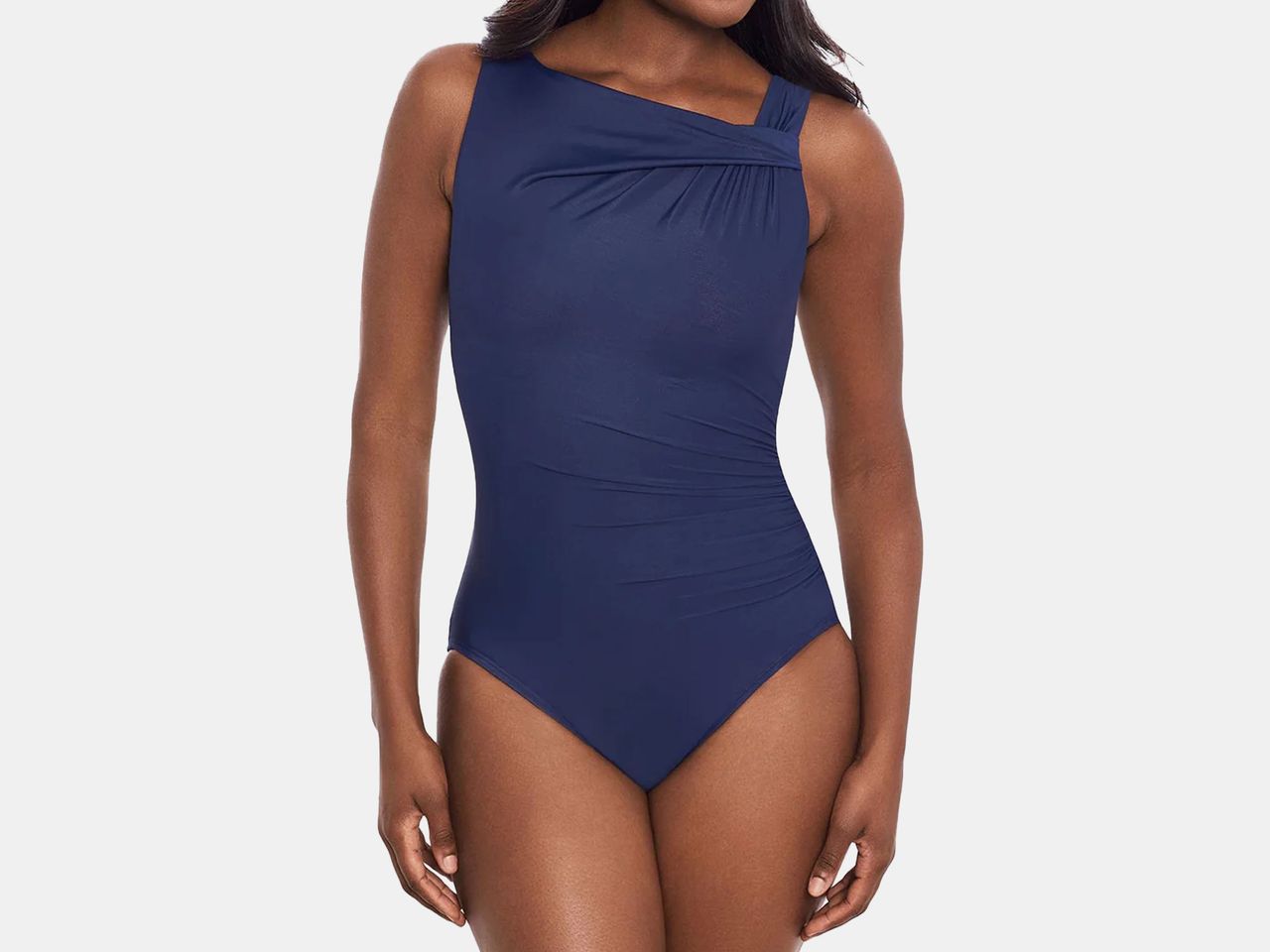 model in blue swimsuit one piece