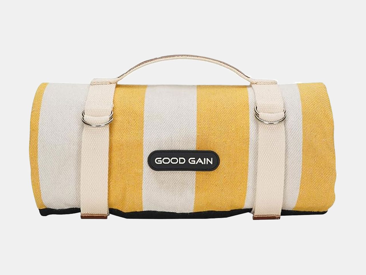 yellow and white striped Bach blanket