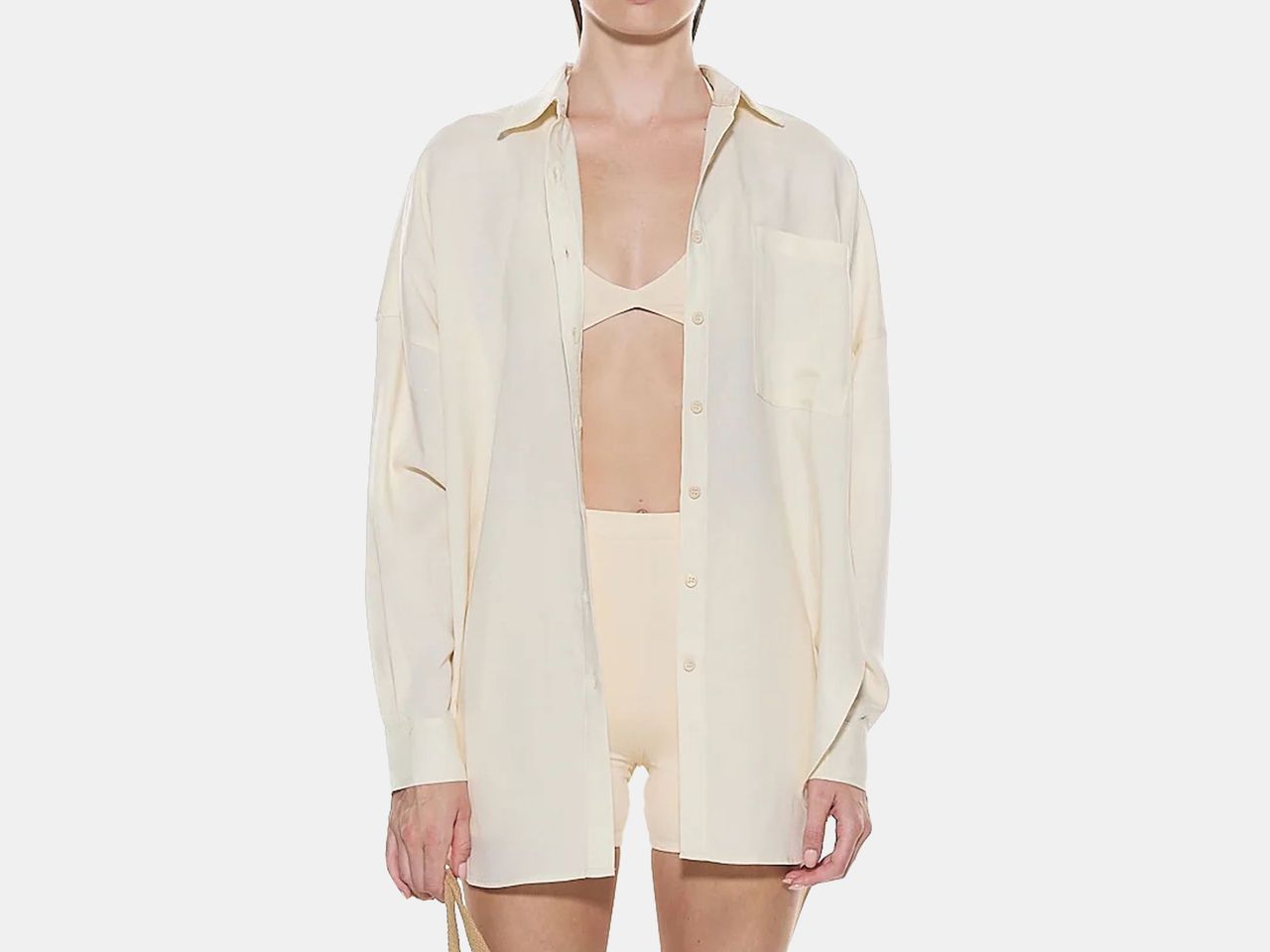 model wearing cream shirt