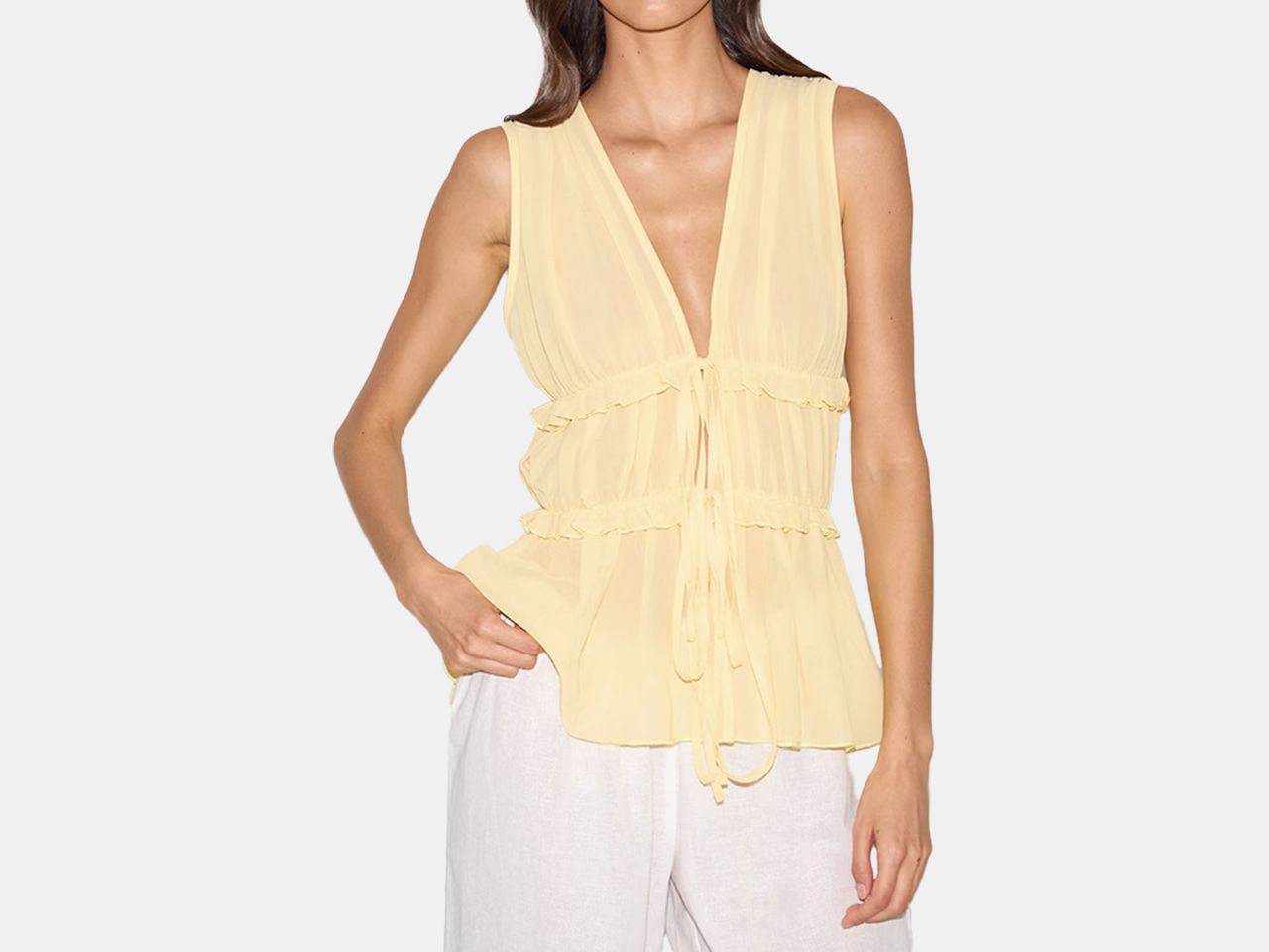 model wearing yellow top