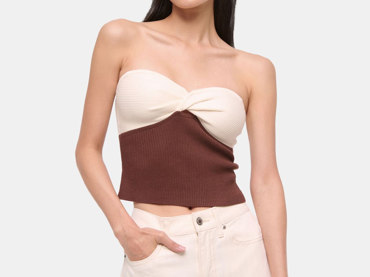 model in brown and cream tube top