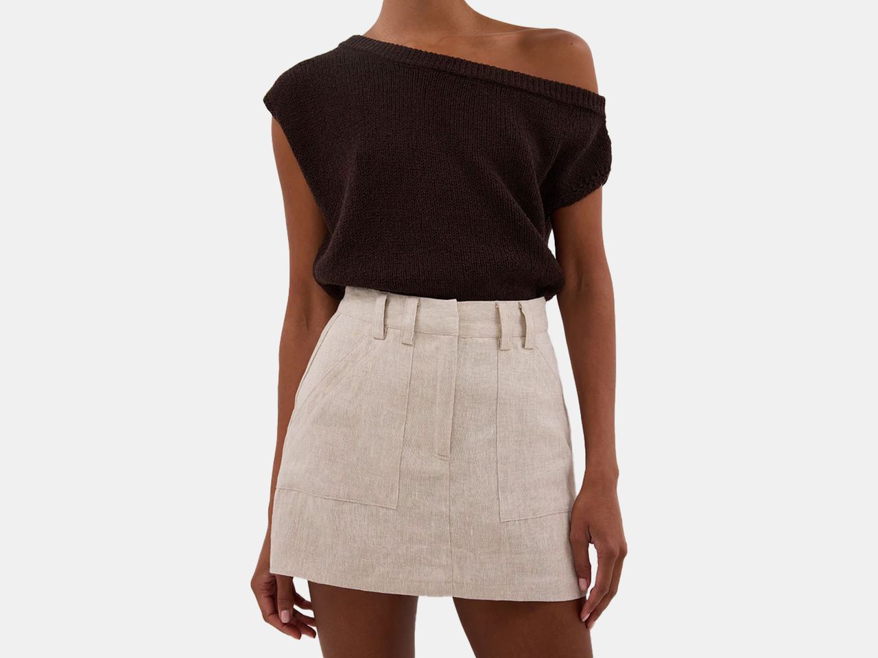 model wearing neutral color skort