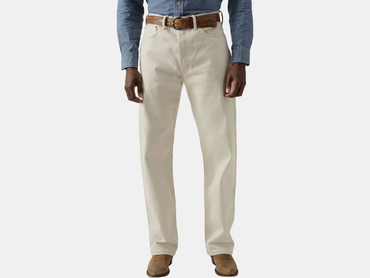 model in off white jeans