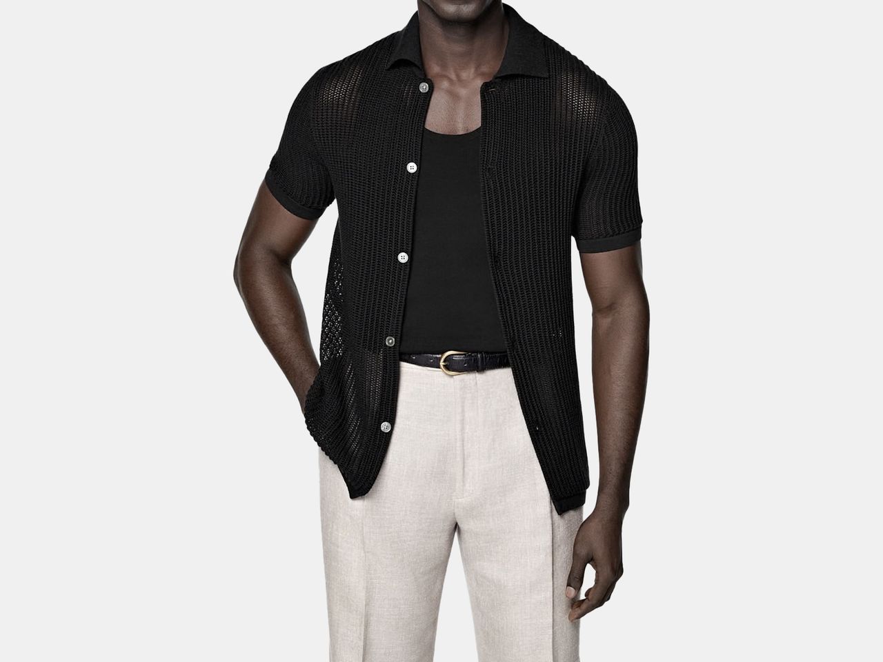model in black polo cardigan