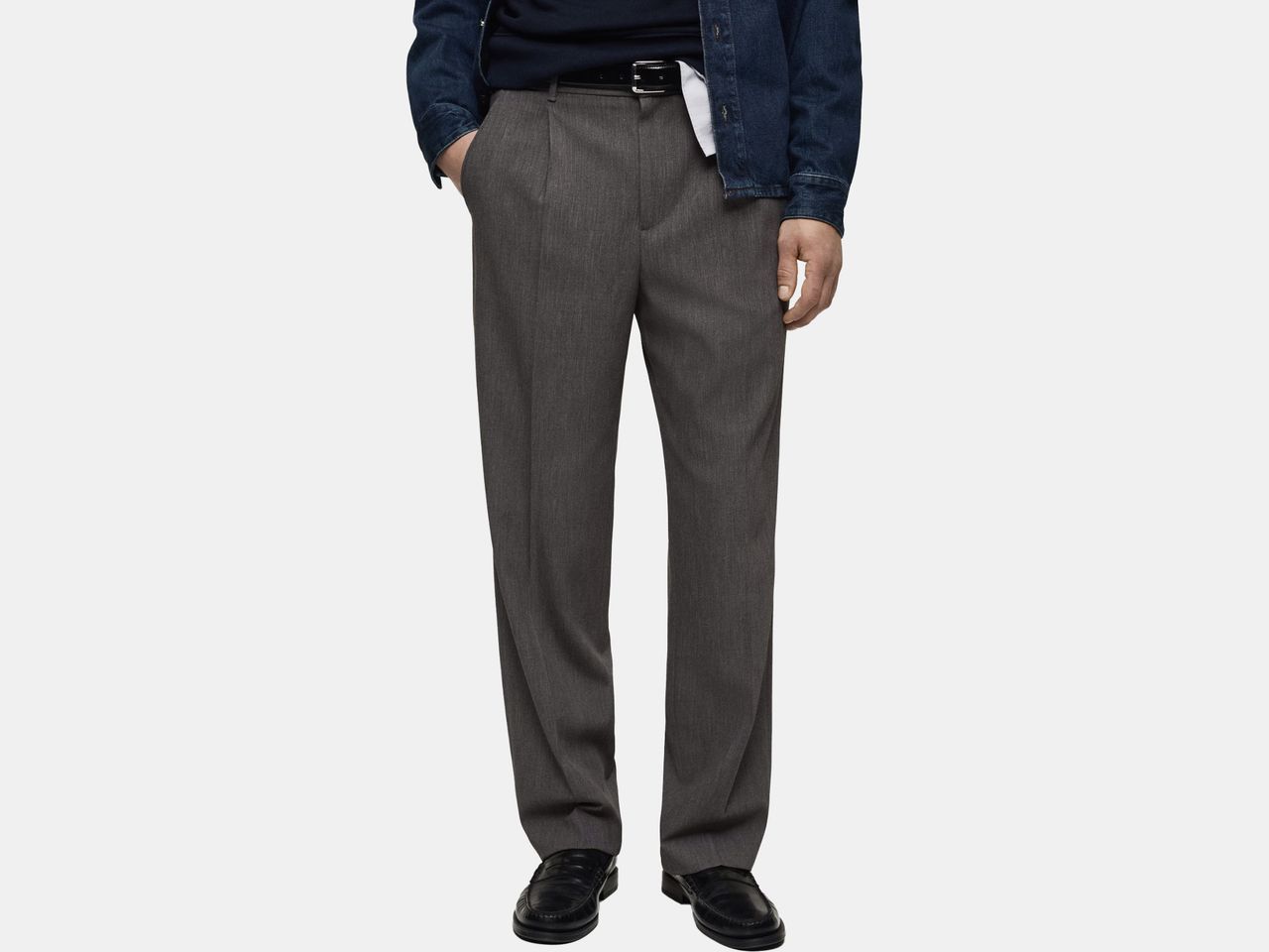 model in grey trousers