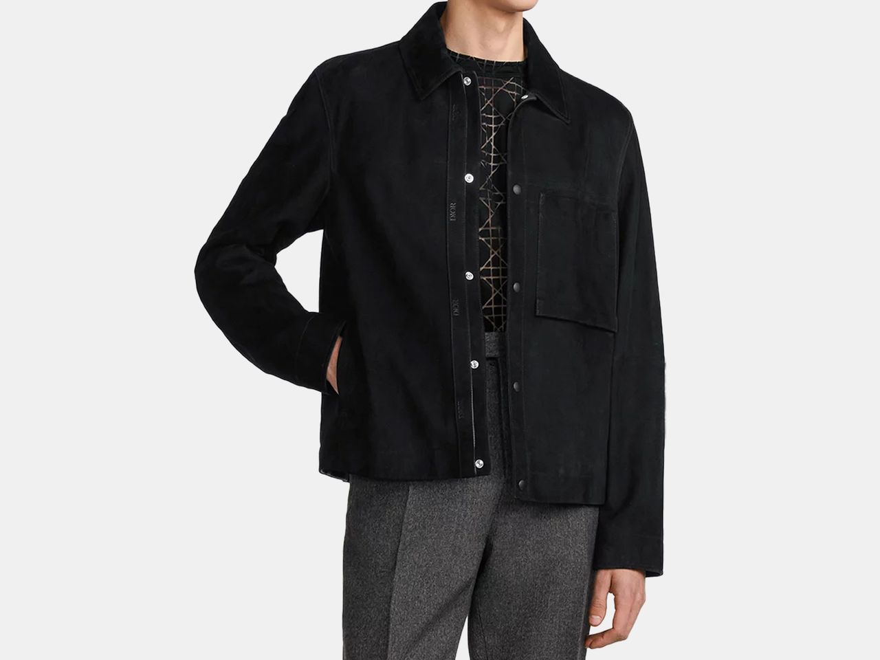 model in black suede jacket
