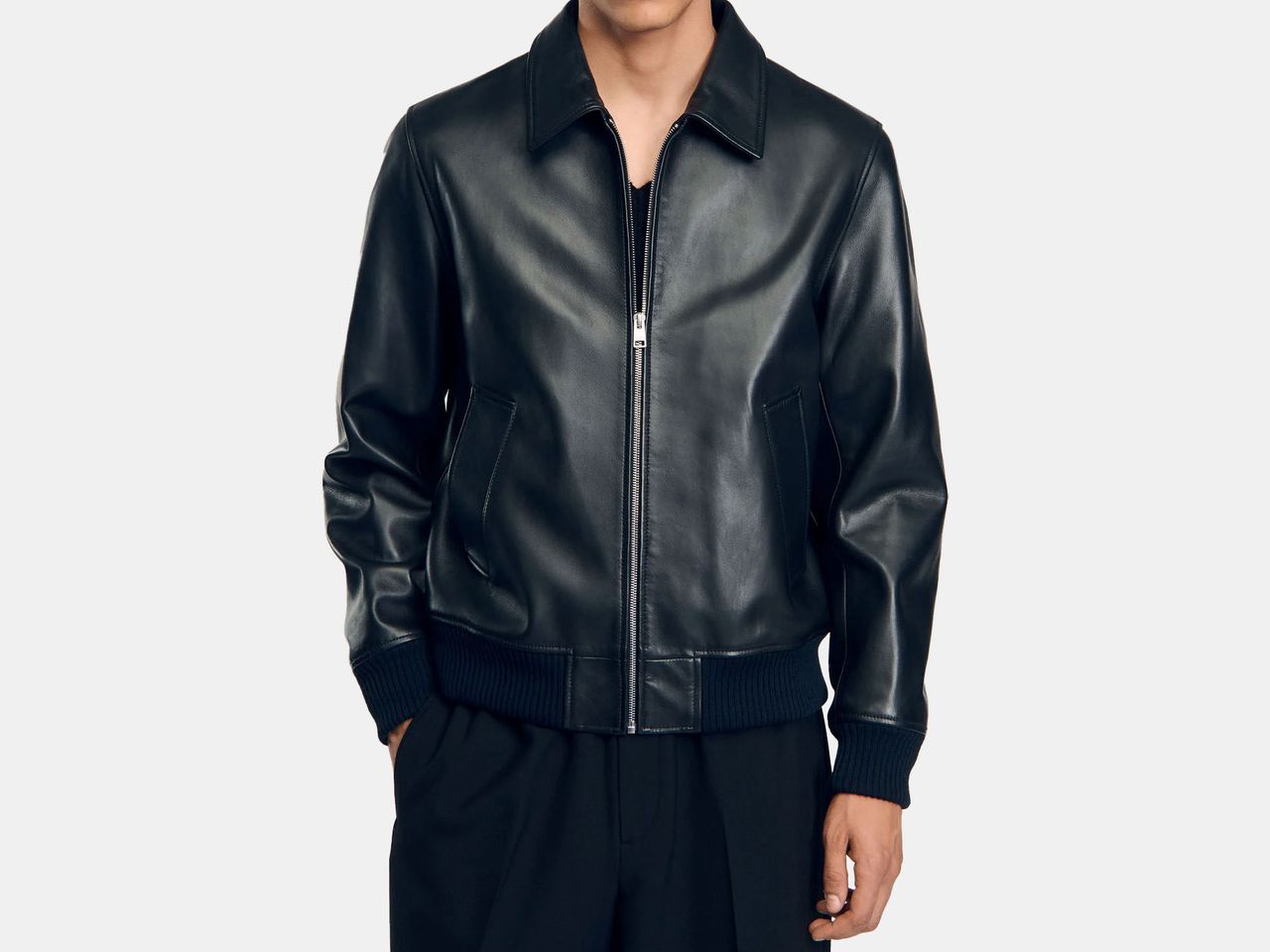 model in black leather jacket