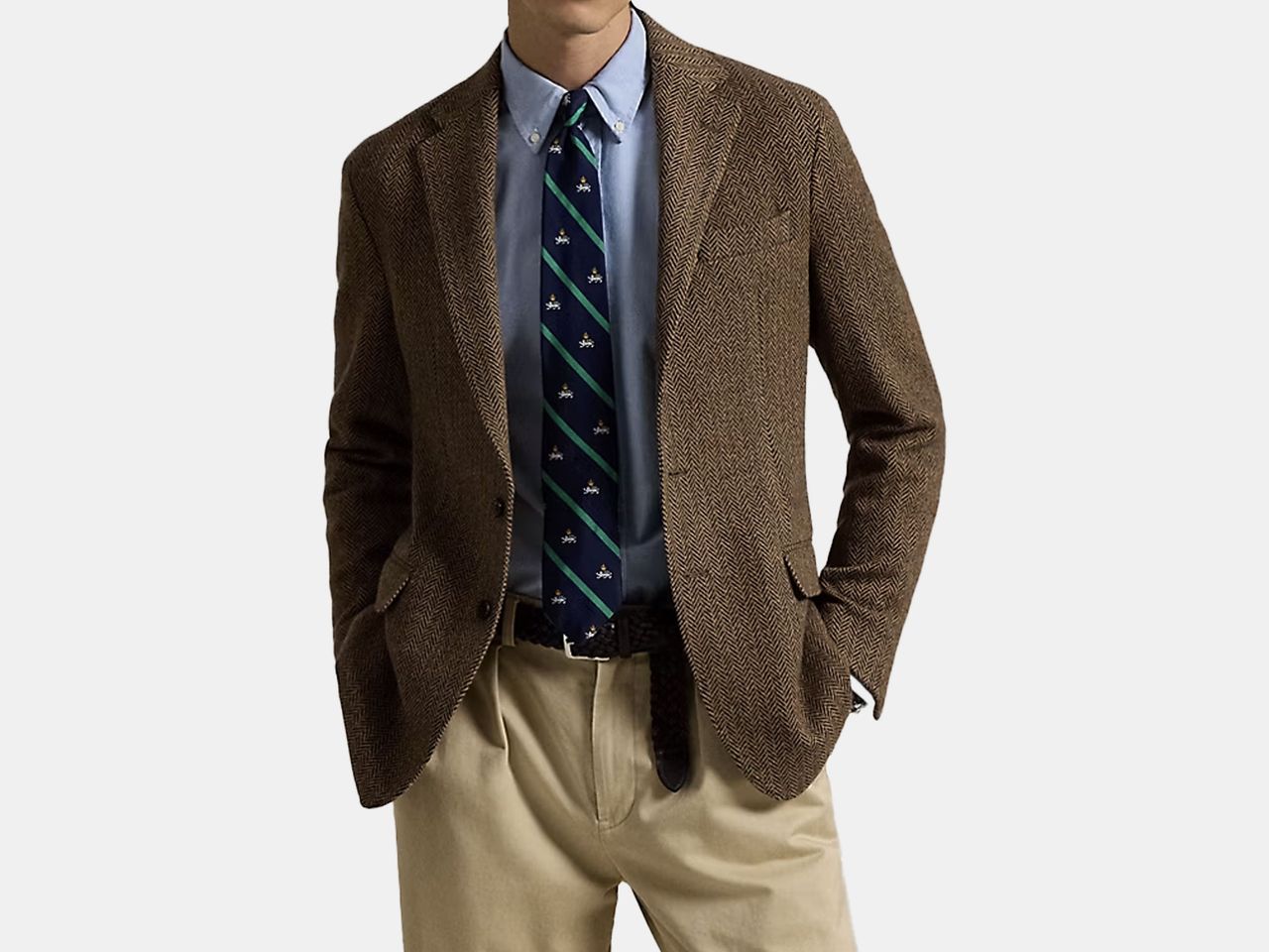 model in brown herringbone jacket