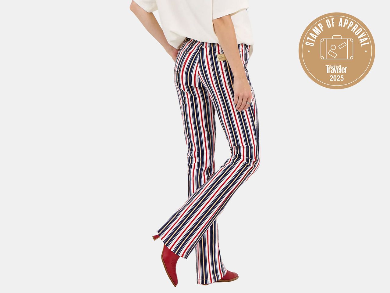 model in striped pants