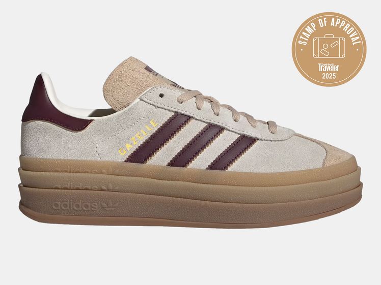 tan sneaker with marroon/ brown stripes