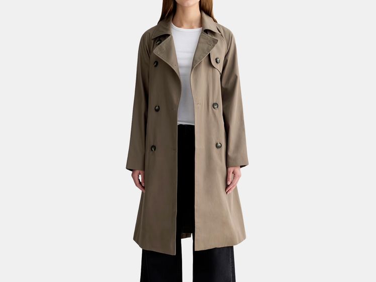 model wearing long trench coat