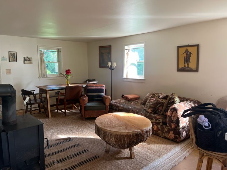 The living room with a couch, armchair, wooden kitchen table, and coffeetable
