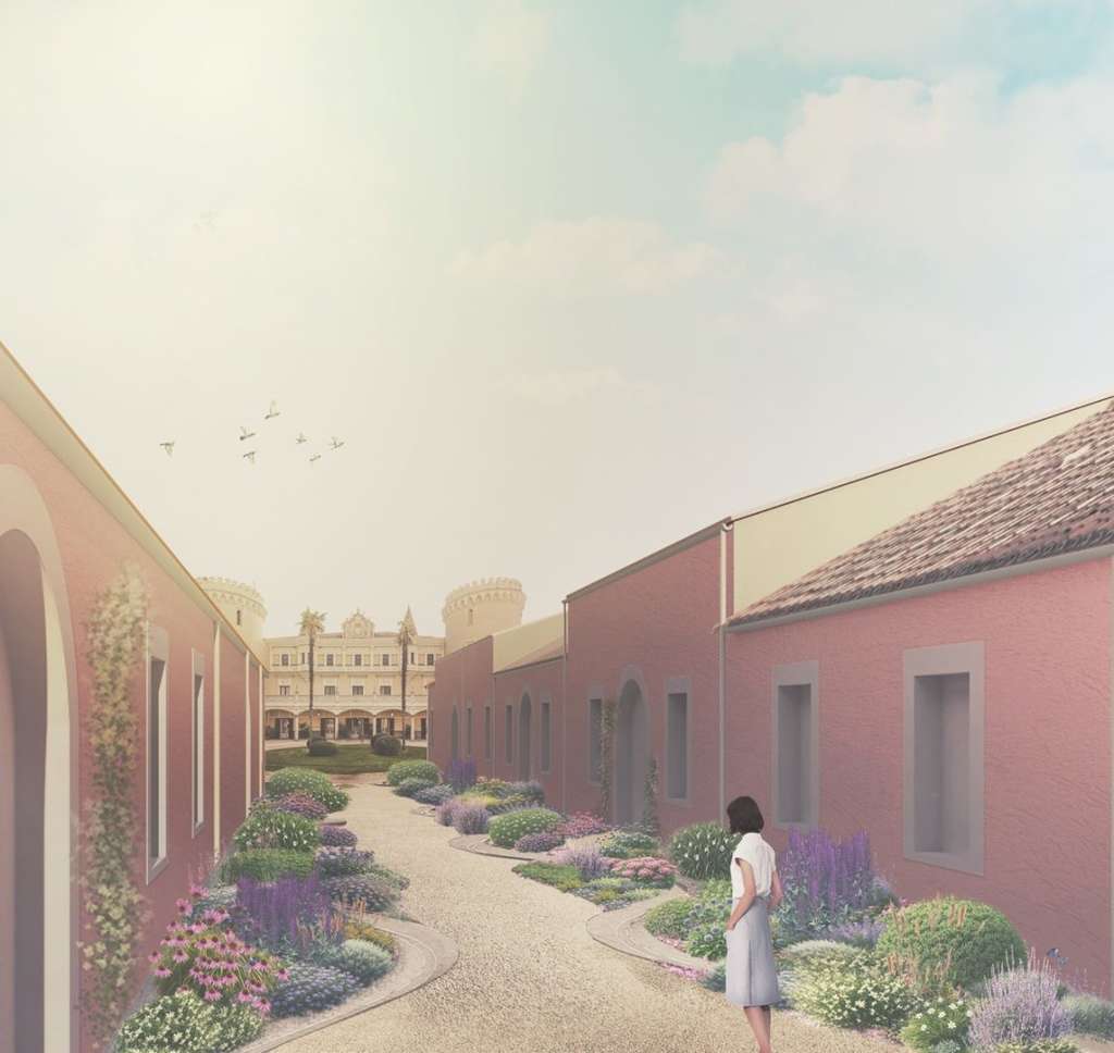 Crafting a sense of discovery is key, as shown in this rendered image from a current project, Castillo de Viñuelas. Climate-appropriate planting creates a memorable guest journey. The effortless, natural effect is made sustainable by a hidden framework of smart irrigation and soil management technology. — Photo by Shiji