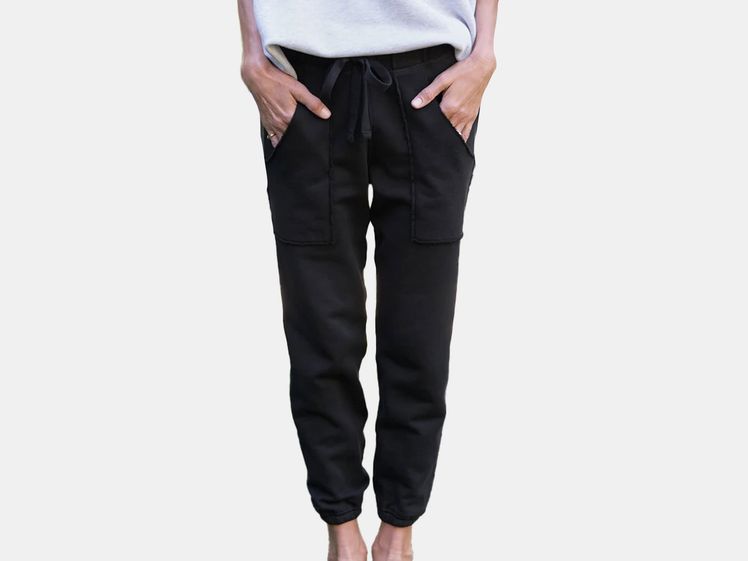 model wearing black jogger pants