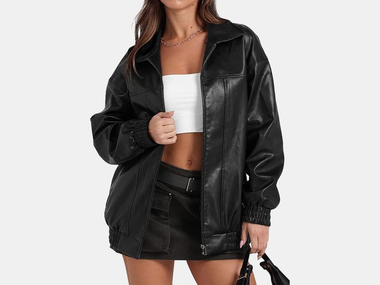model wearing black leather jacket