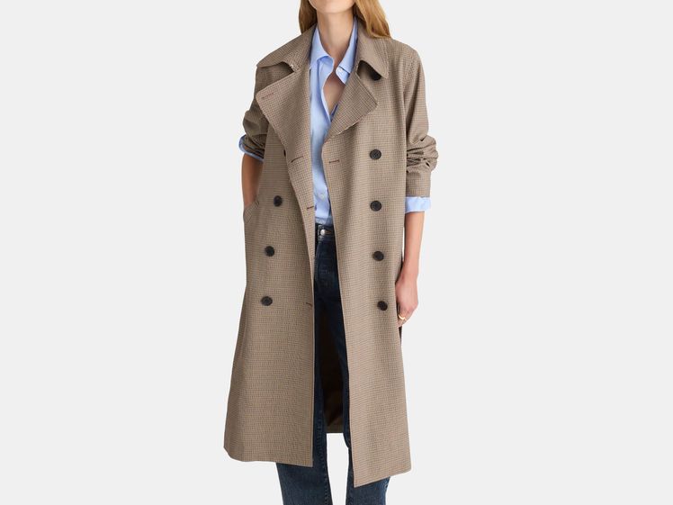 model wearing long trench coat