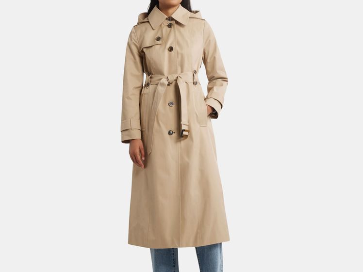 model wearing long trench coat