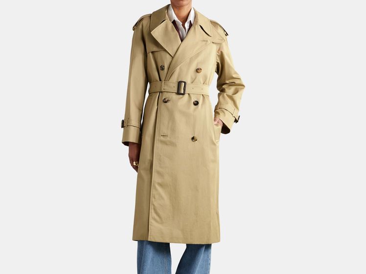 model wearing long trench coat