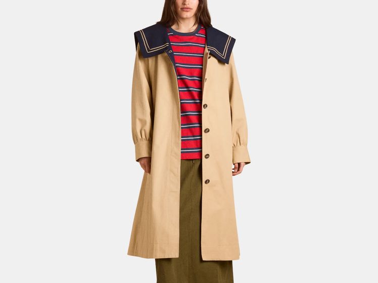 model wearing long trench coat