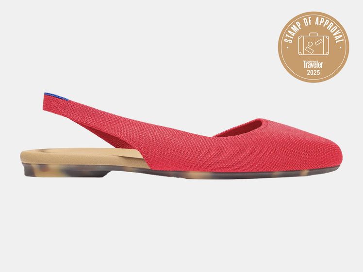 red flat slingback shoe with tortoise shell bottom