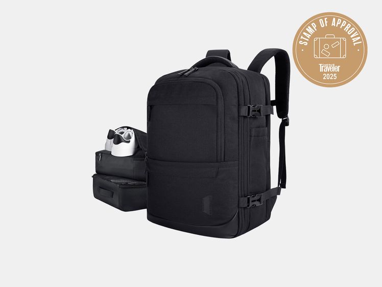 black backpack with packing cubes