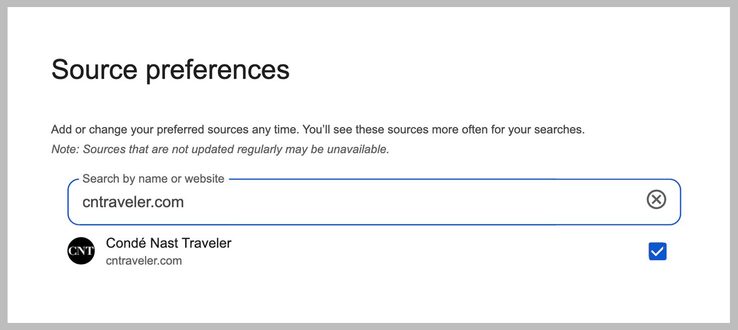 Screenshot showing source preferences menu options with Cond Nast Traveler selected