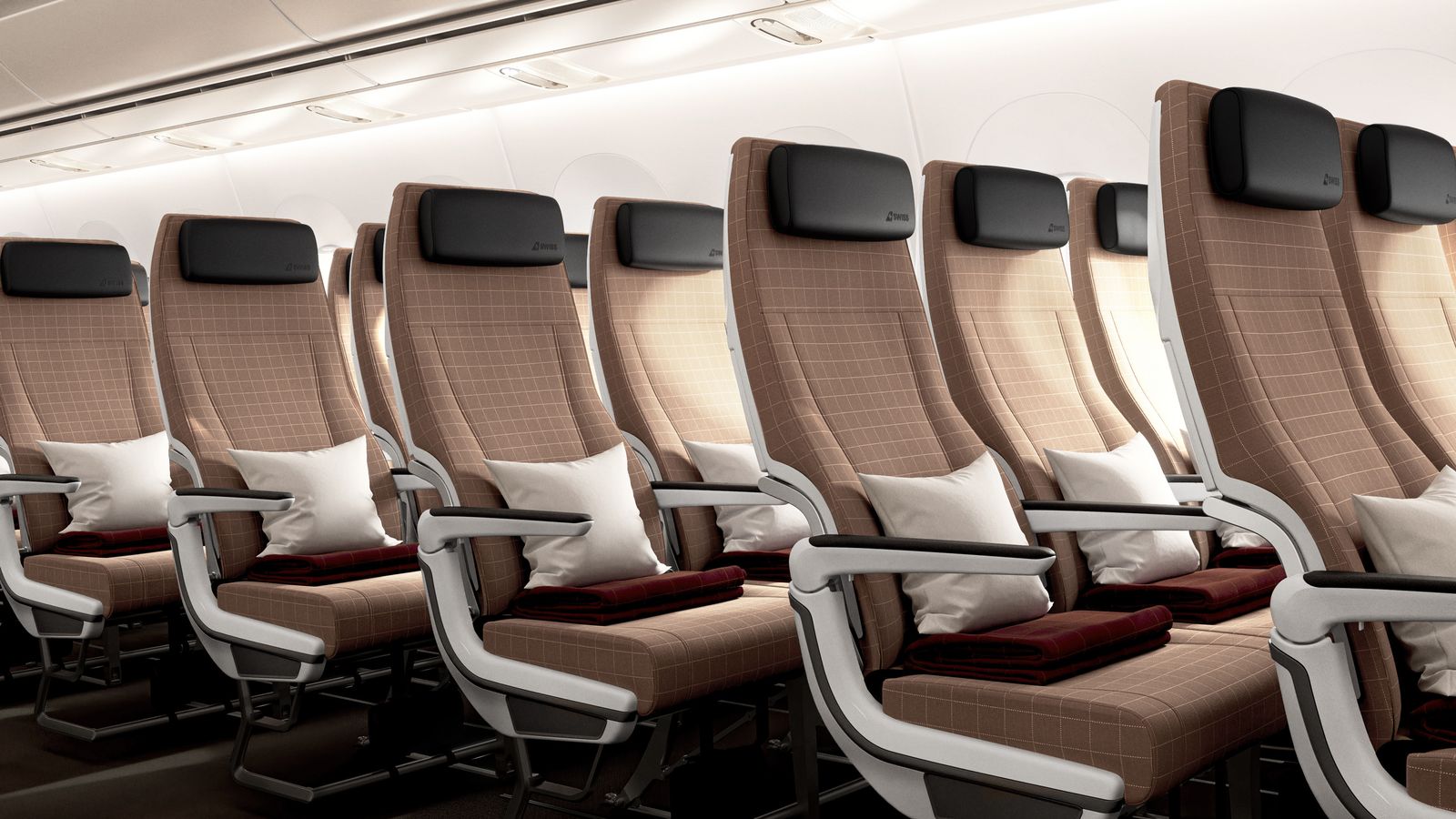 The new Swiss Senses economy seats on the Airbus A350 offer an extra inch of knee space thanks to the seatback's molded...